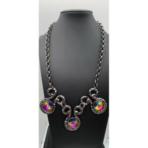 Gun Metal Necklace With Oil Slick Watermelon Rivoli Rhinestones